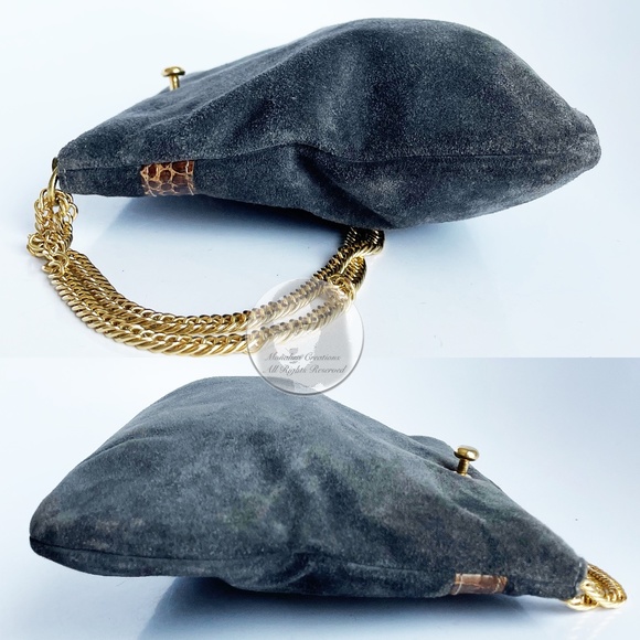 Vintage Ruth Saltz Shoulder Bag Retro 80s Gray Suede Tan Snakeskin Cougar Head - Picture 5 of 7